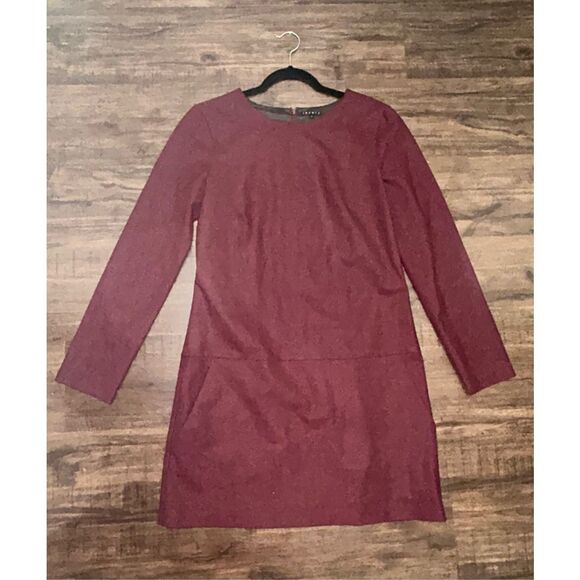 THEORY Merlot Wine Long Sleeve Wool Blend Scoop Neck Shift Dress Sz 10, MP $495 - Picture 1 of 9